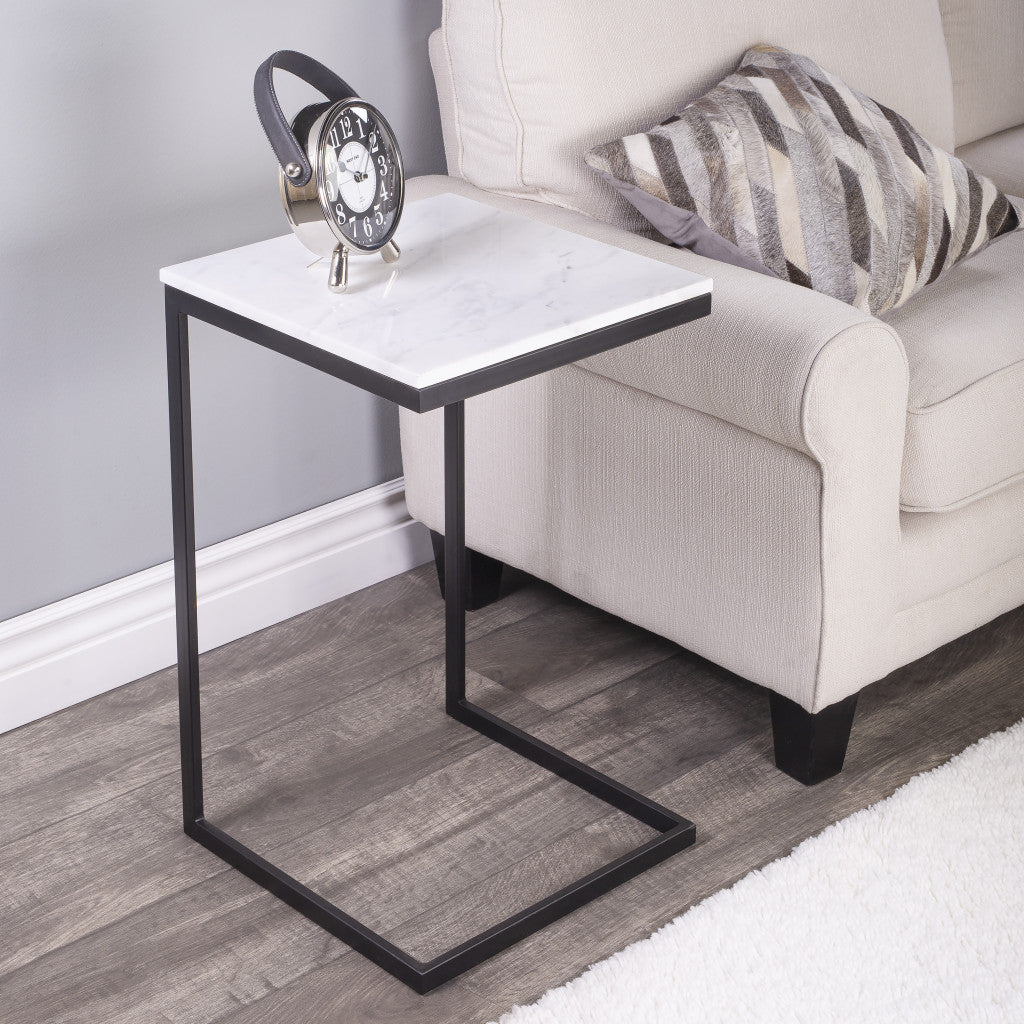 26" Black and White Marble Square C Shape End Table