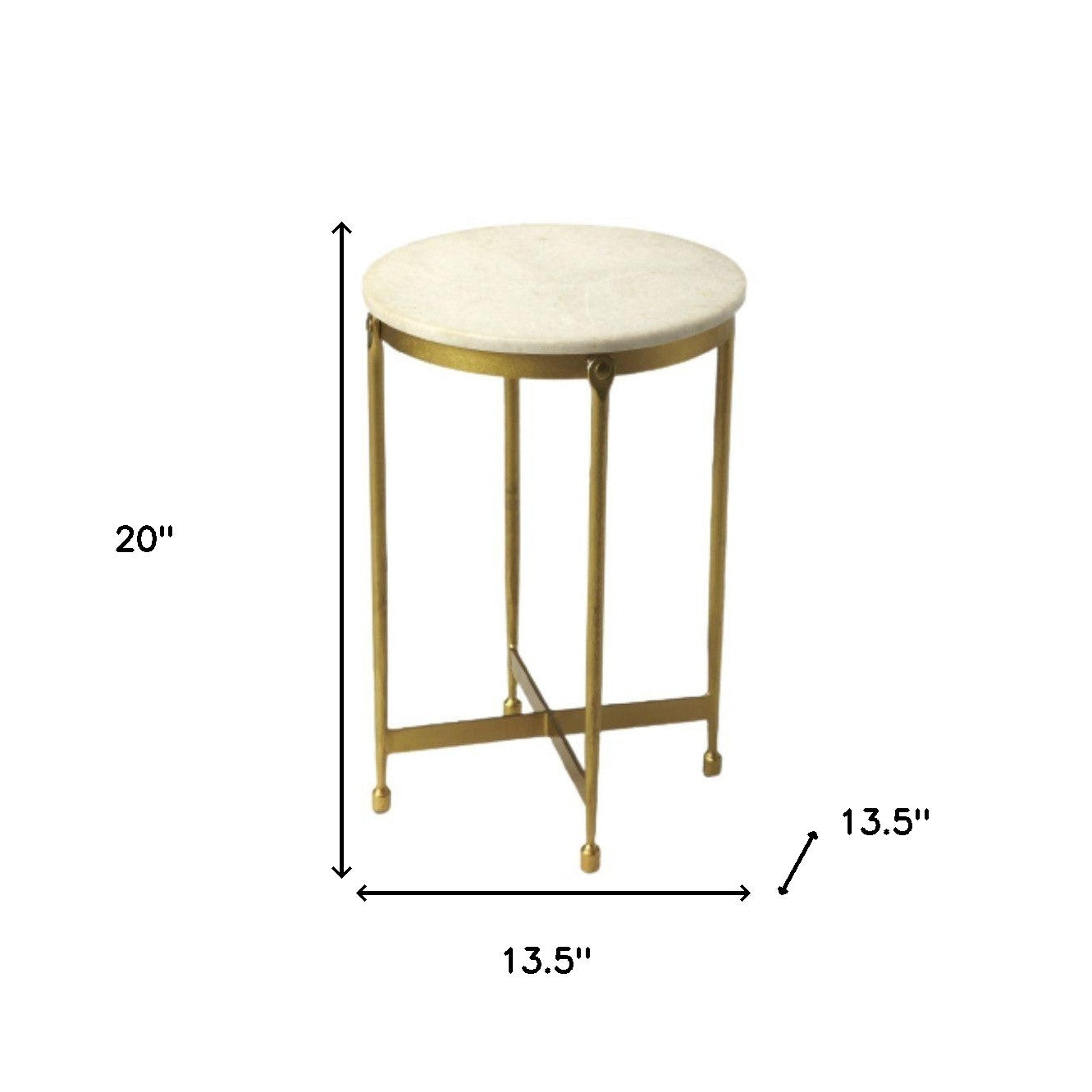 20" Antiqued Gold And White Marble Round End Table