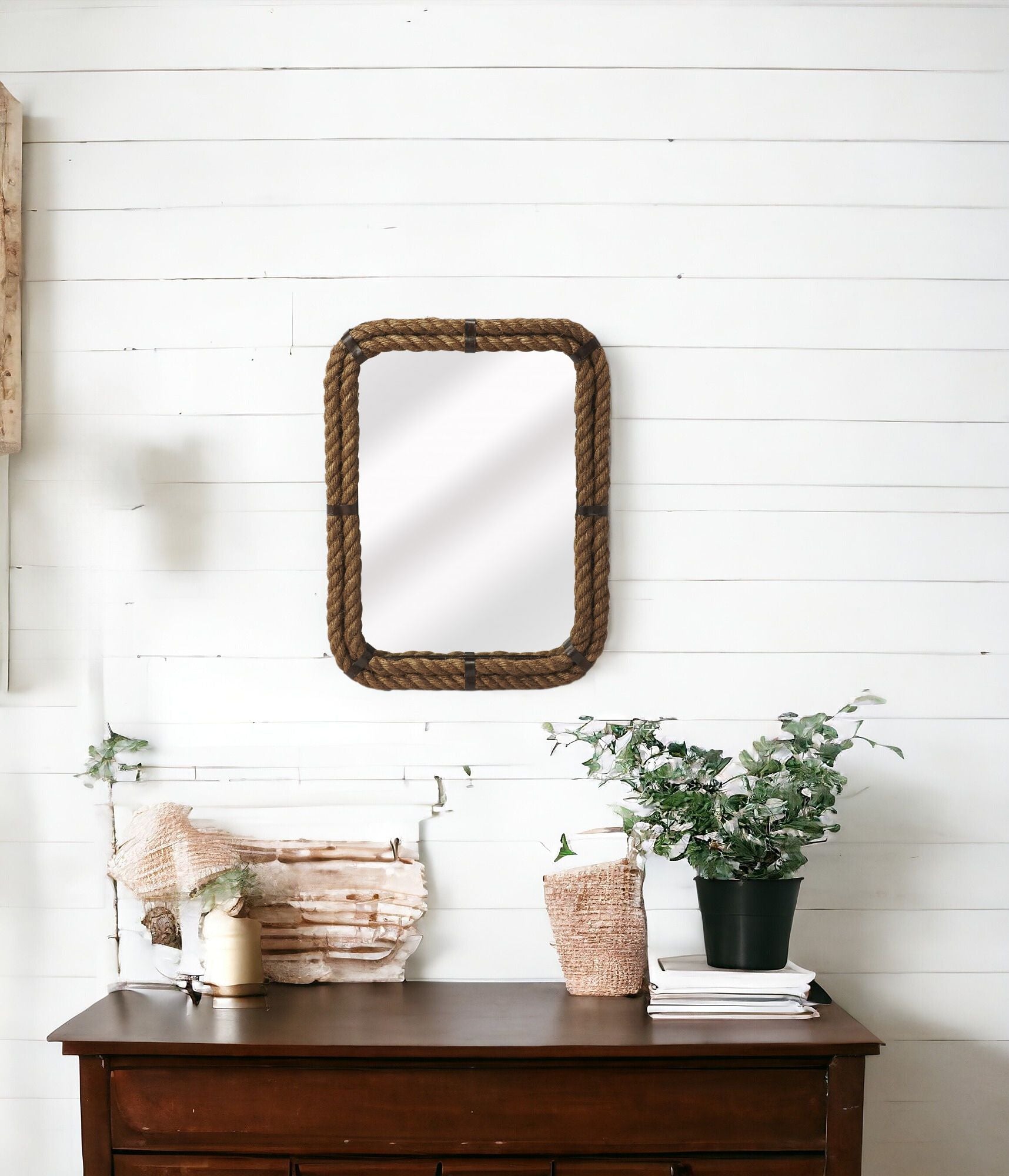 25" Light Brown Rope Framed Accent Mirror