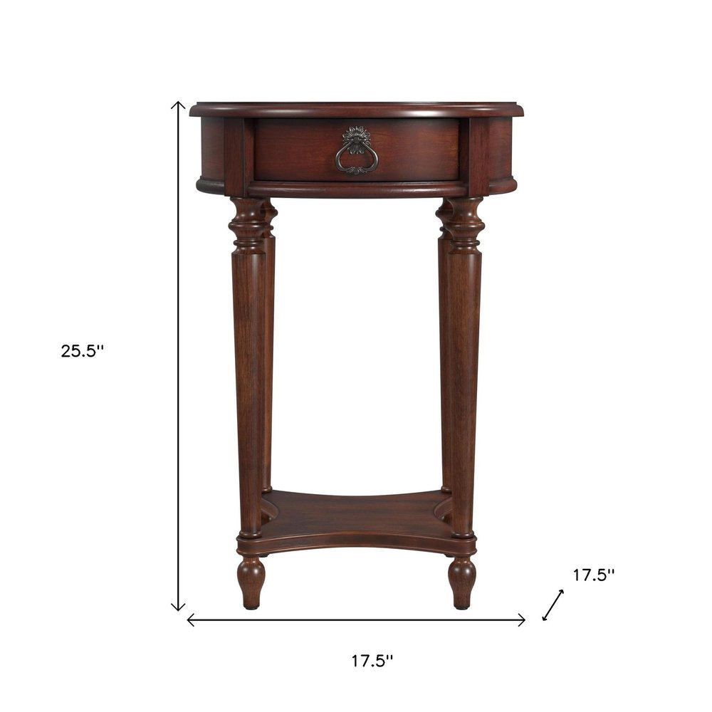 26" Brown Distressed Wood Round End Table With Drawer And Shelf