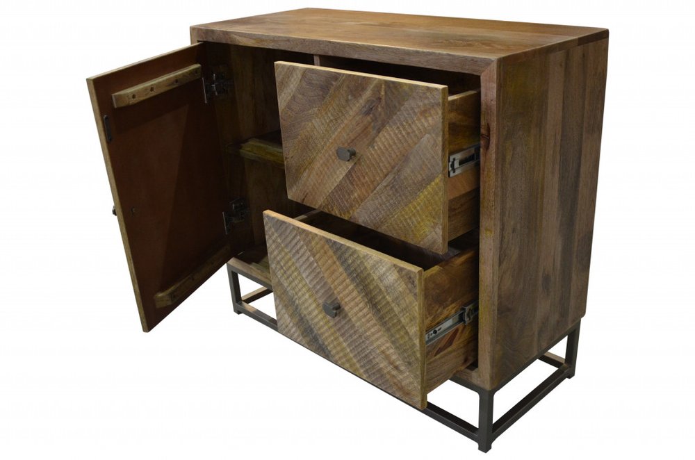 34" Shades of Natural Brown Solid Wood Accent Chest With A Door and Shelves