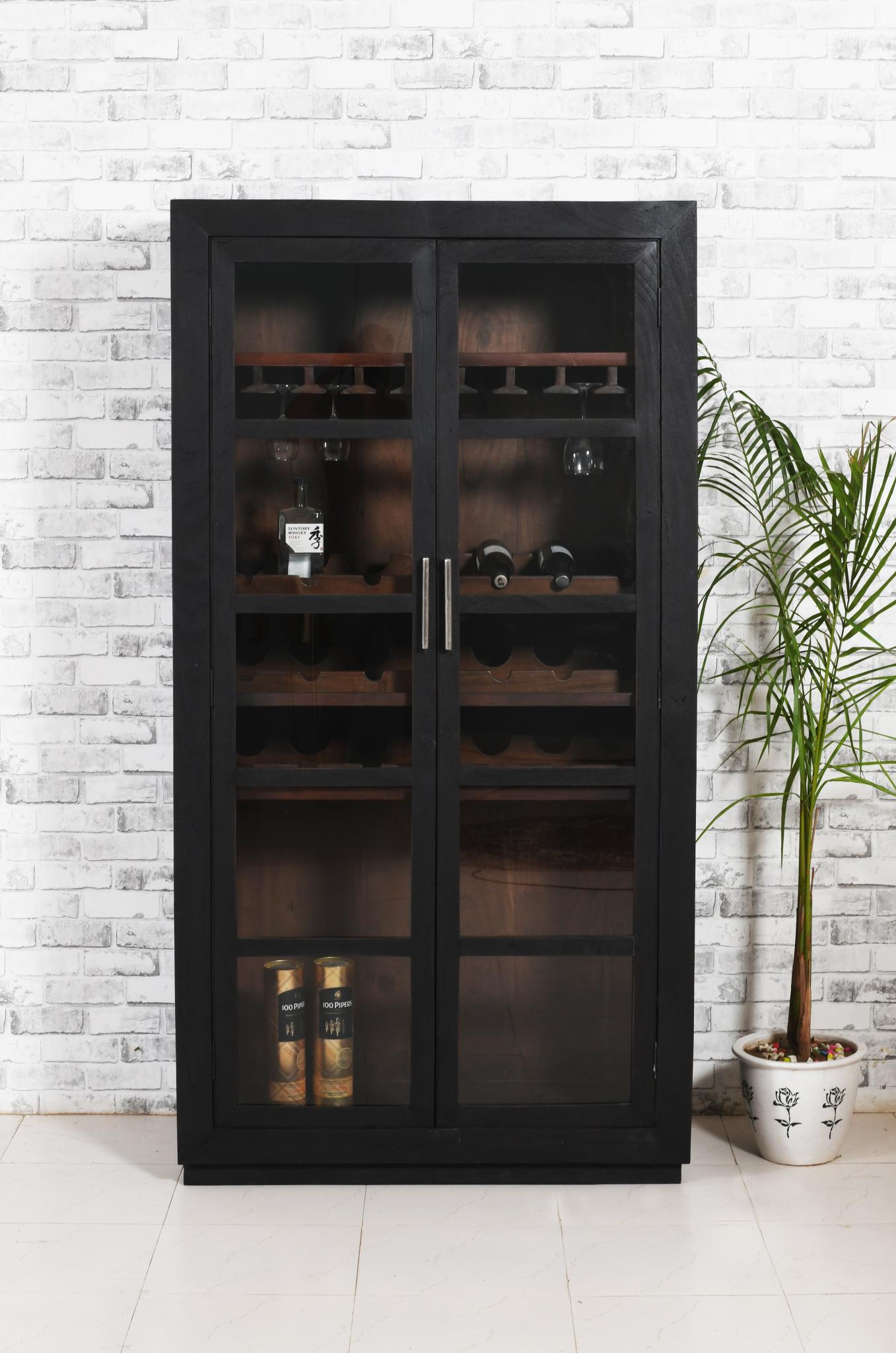 80" Dark Gray Distressed Solid Wood Bar Cabinet With Two Doors