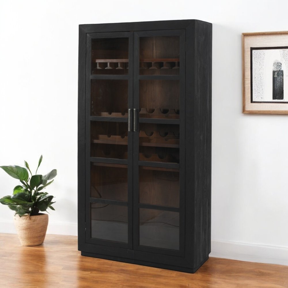 80" Dark Gray Distressed Solid Wood Bar Cabinet With Two Doors