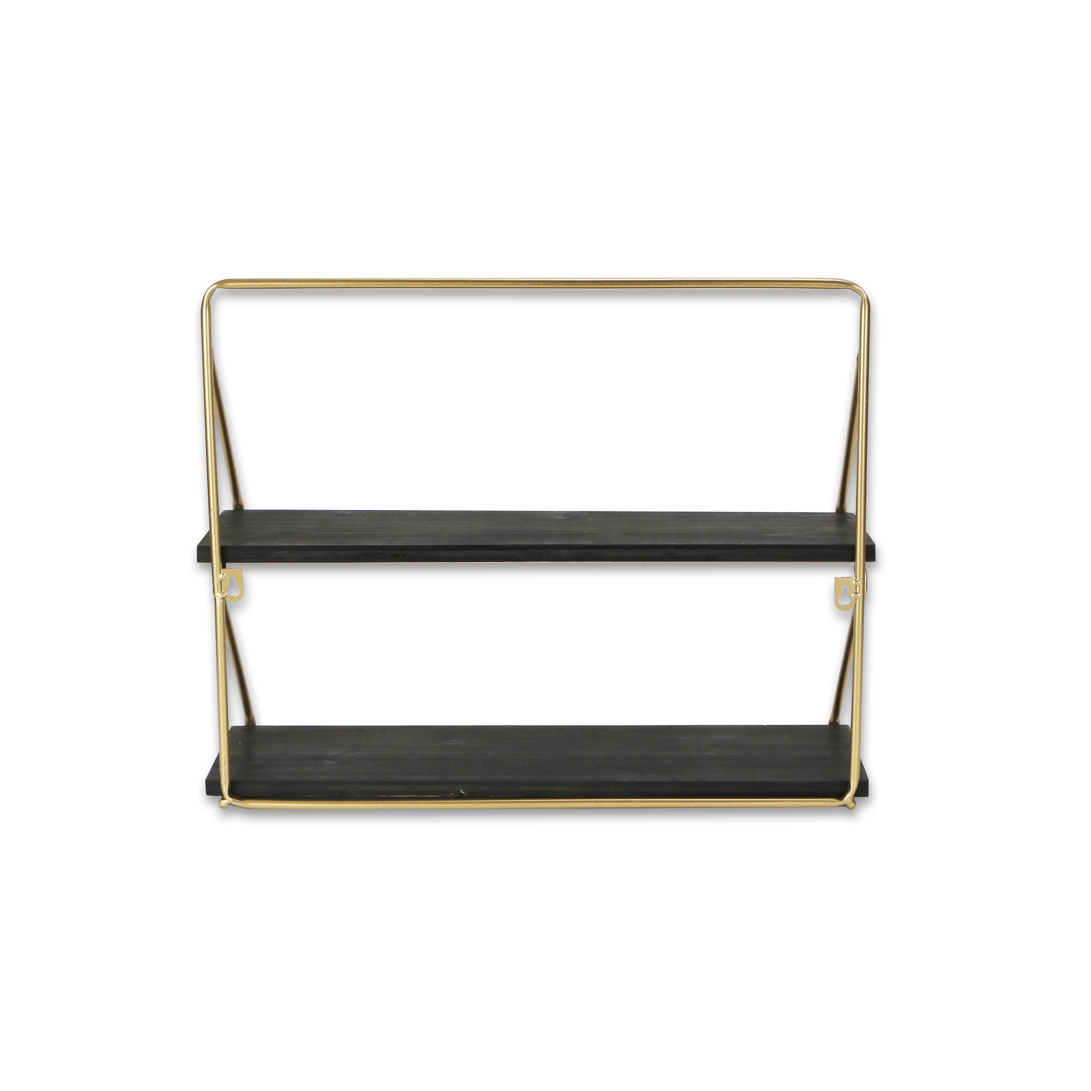 21" Dark Gray And Gold Metal And Wood Wall Mounted Tiered Shelf