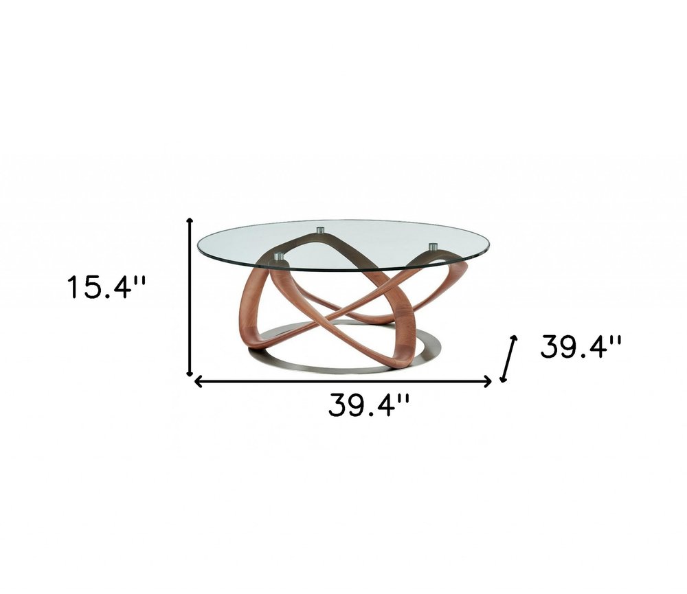 39" Clear and Brown Glass And Solid Wood Round Abstract Coffee Table