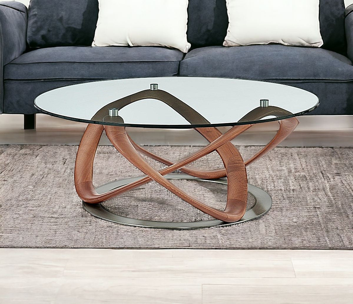 39" Clear And Brown Glass And Solid Wood Round Coffee Table