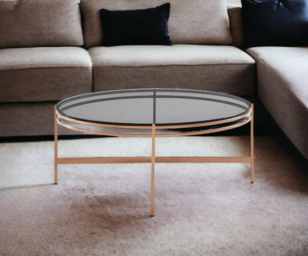 35" Gray and Gold Glass And Stainless Steel Round Coffee Table