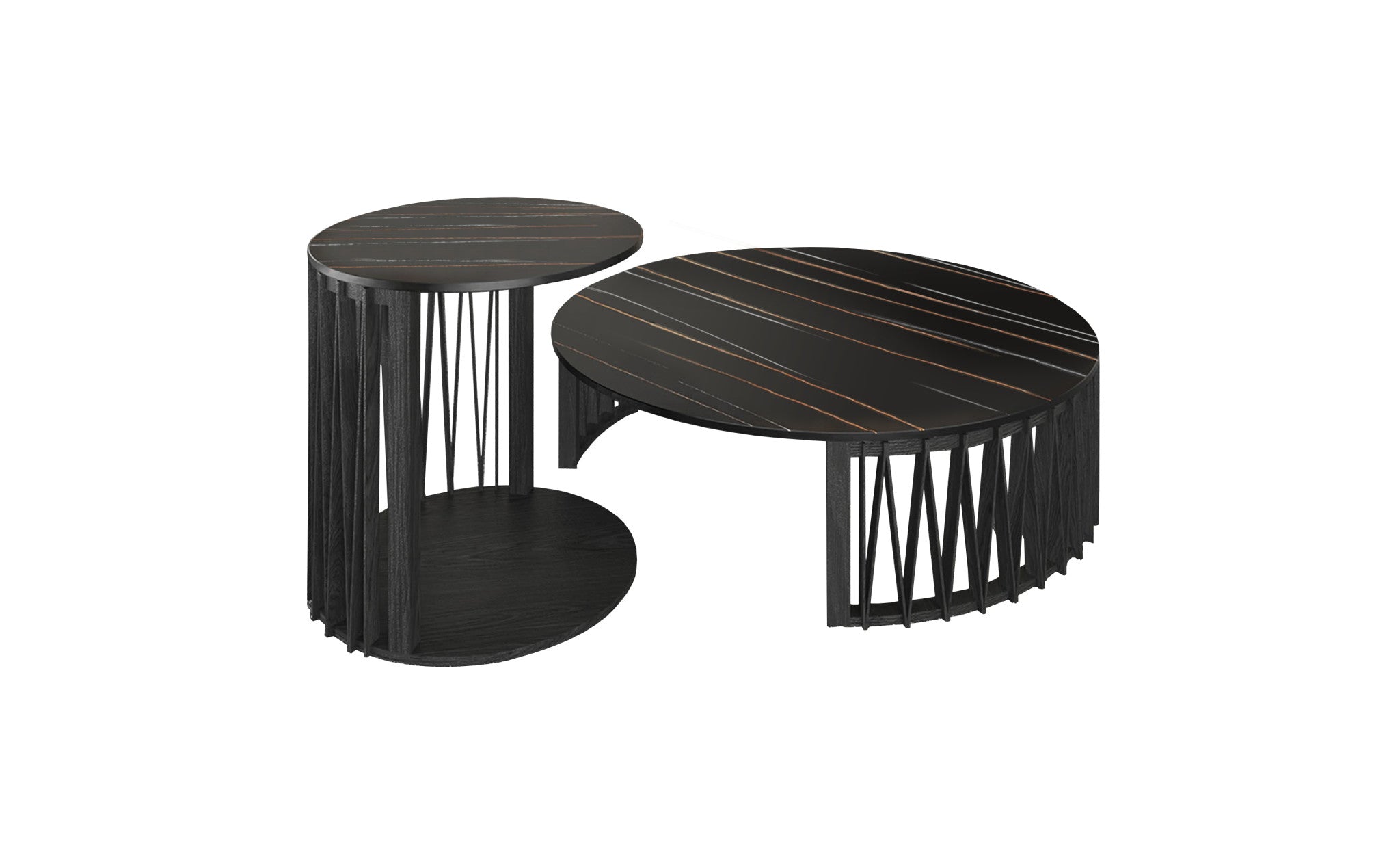 Set of Two Black Faux Marble And Solid Wood Round Abstract Nested Coffee Tables