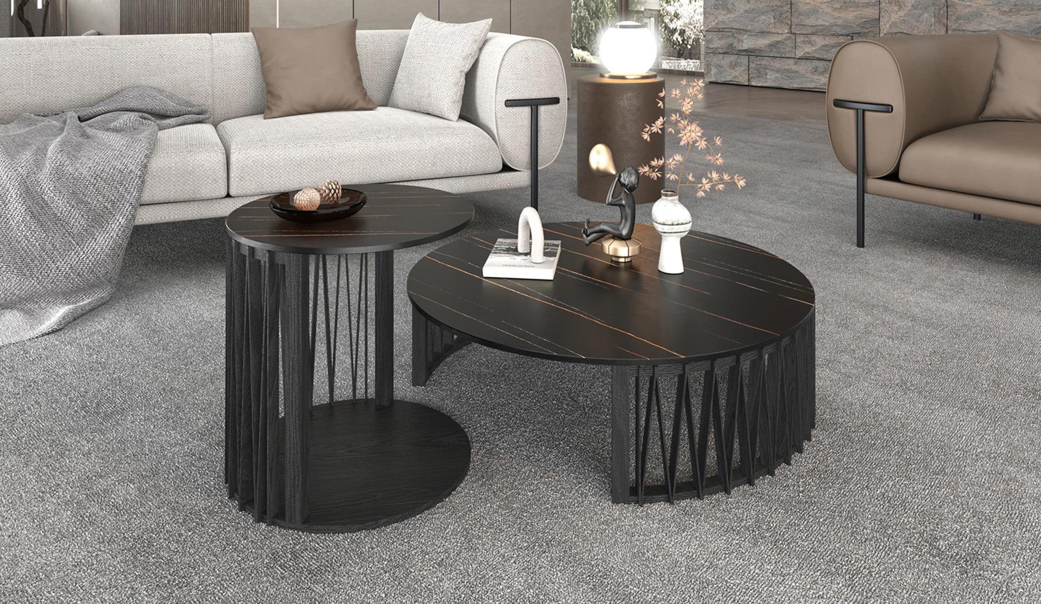 Set of Two Black Faux Marble And Solid Wood Round Abstract Nested Coffee Tables