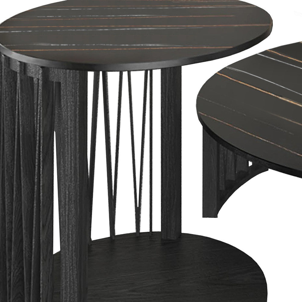 Set of Two Black Faux Marble And Solid Wood Round Abstract Nested Coffee Tables