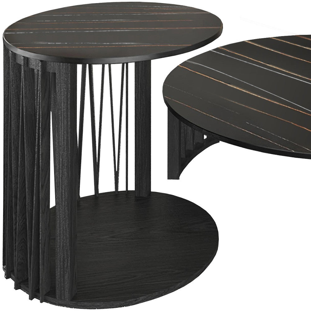 Set of Two Black Faux Marble And Solid Wood Round Abstract Nested Coffee Tables