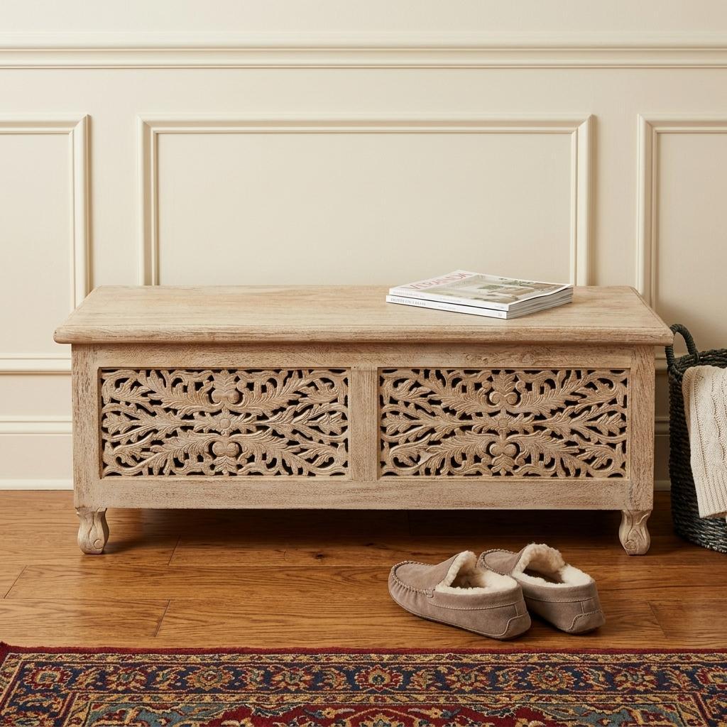 46" Antique White Solid Carved Wood Scroll Bench with Flip Top