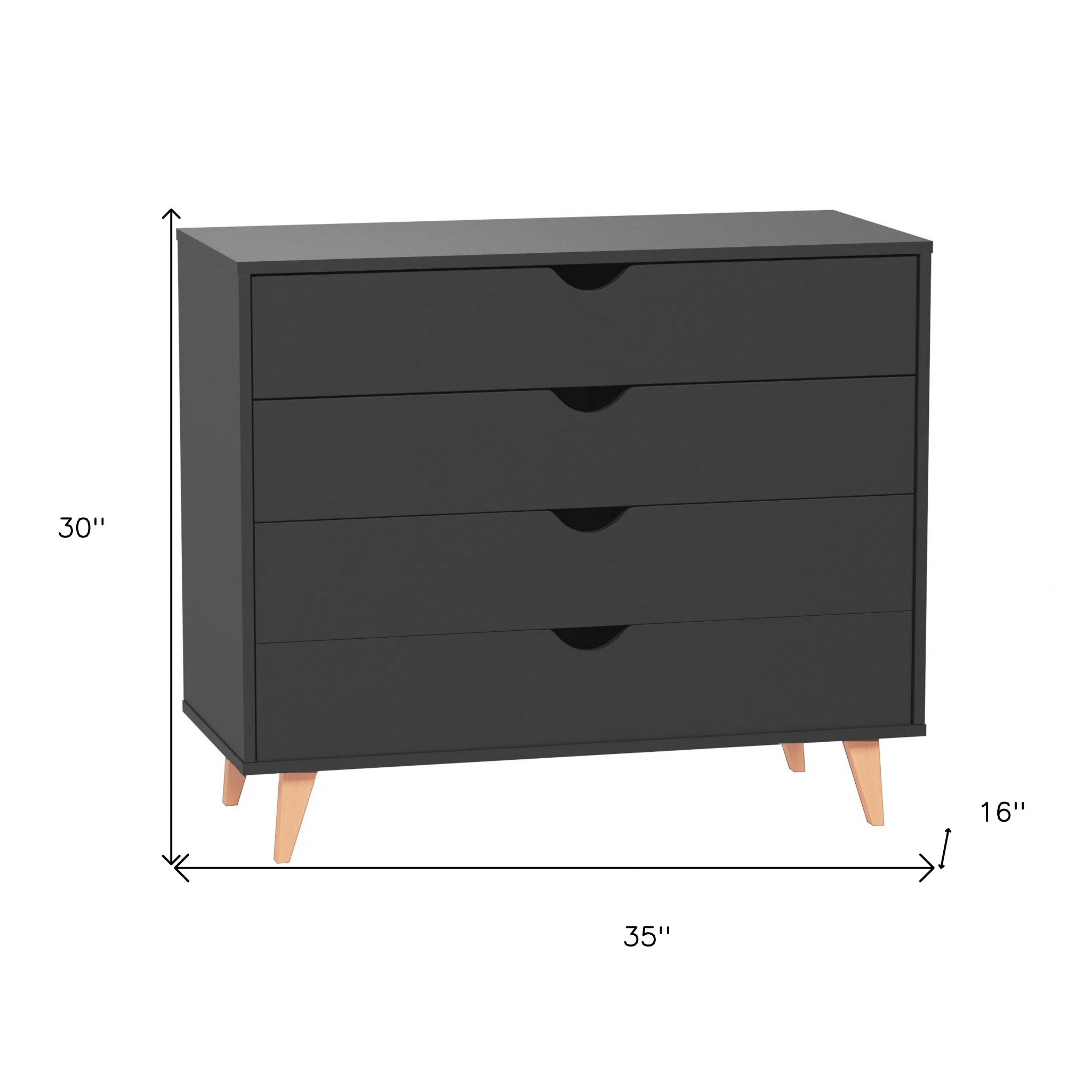 35" Black Solid Wood Four Drawer Dresser