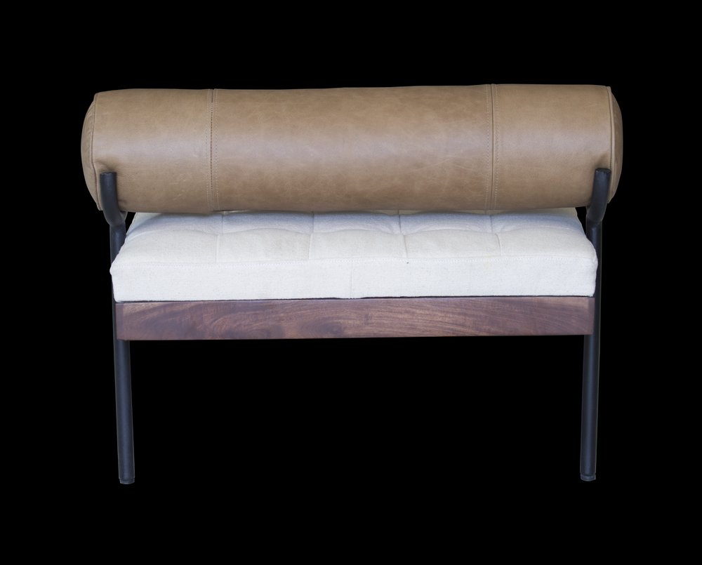72" Ivory Brown And Black Tufted Cotton Wood And Metal Cushioned Bench With Pillow