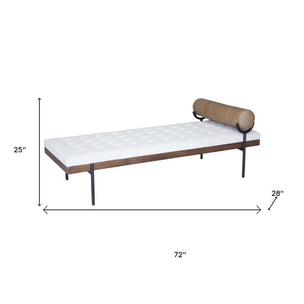72" Ivory Brown And Black Tufted Cotton Wood And Metal Cushioned Bench With Pillow