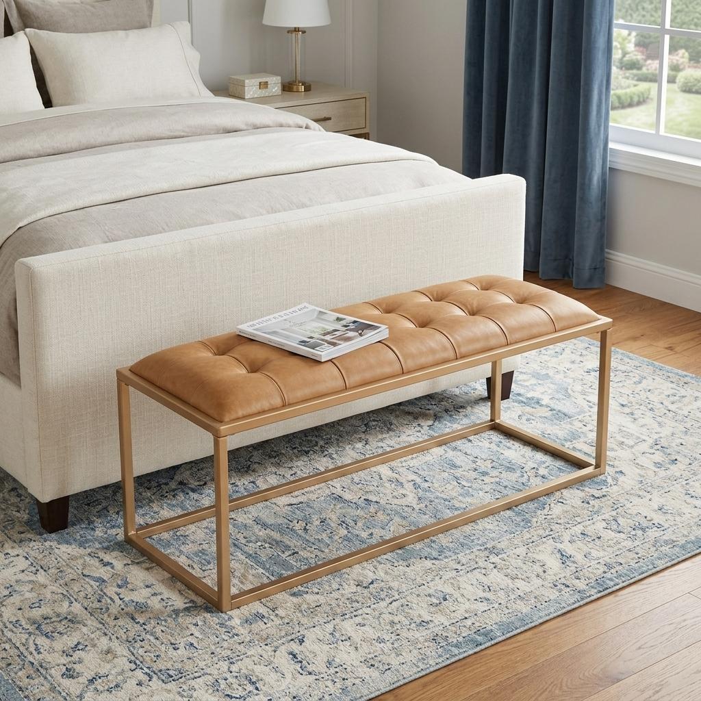 43" Brown And Gold Upholstered Upholstery Bedroom Bench