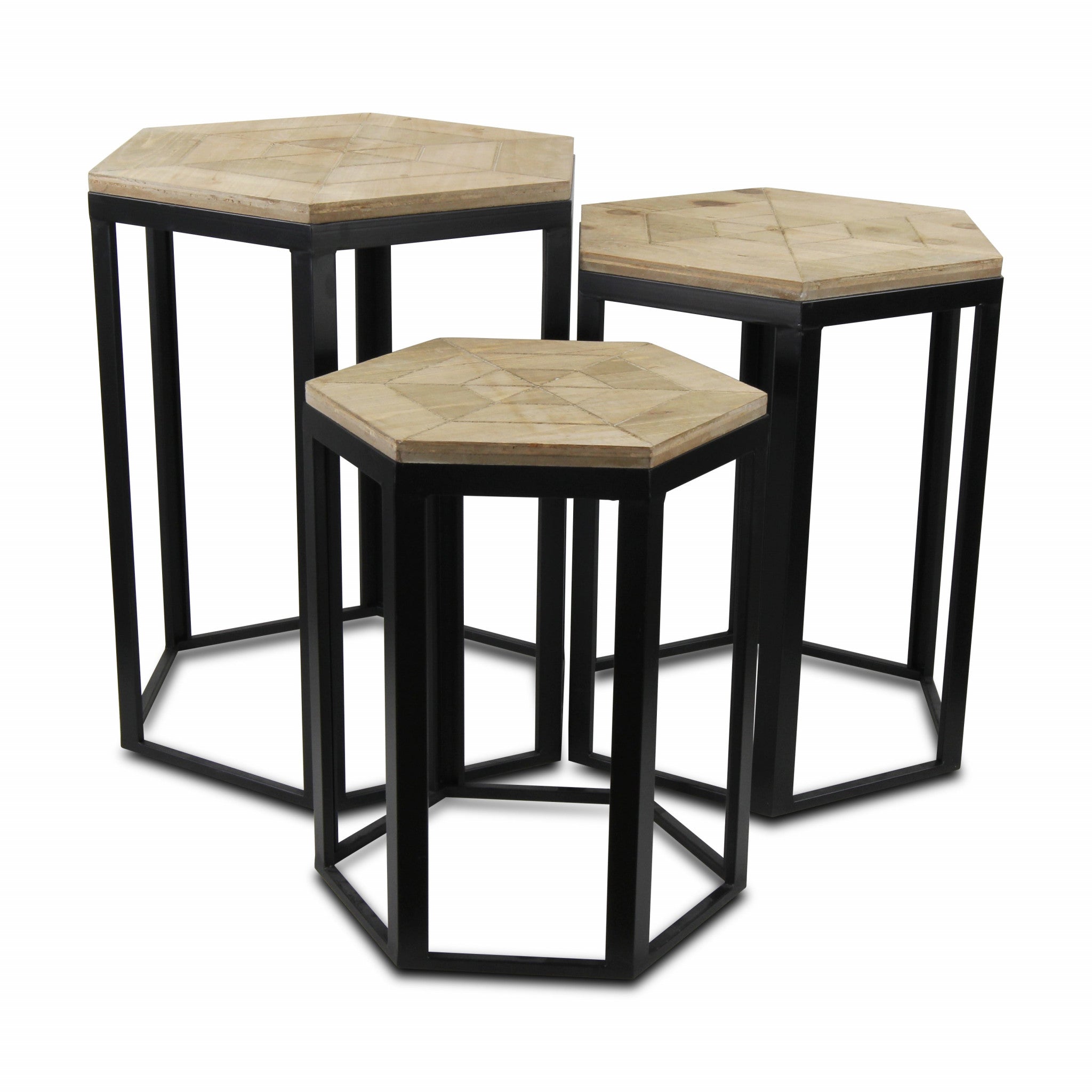 Set Of Three 25" Black And Brown Solid Wood And Steel Hexagon Nested Tables