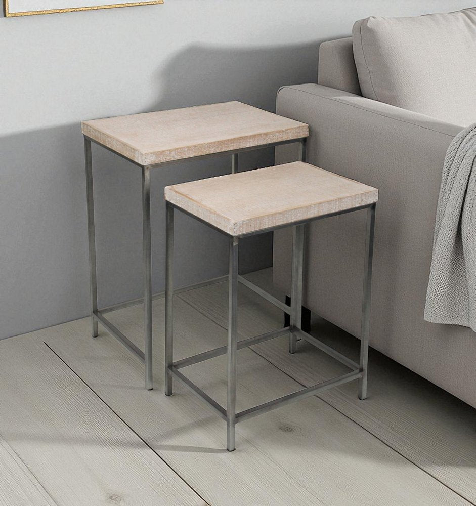Set of Two 25" Black And Brown Solid Wood Nested Tables