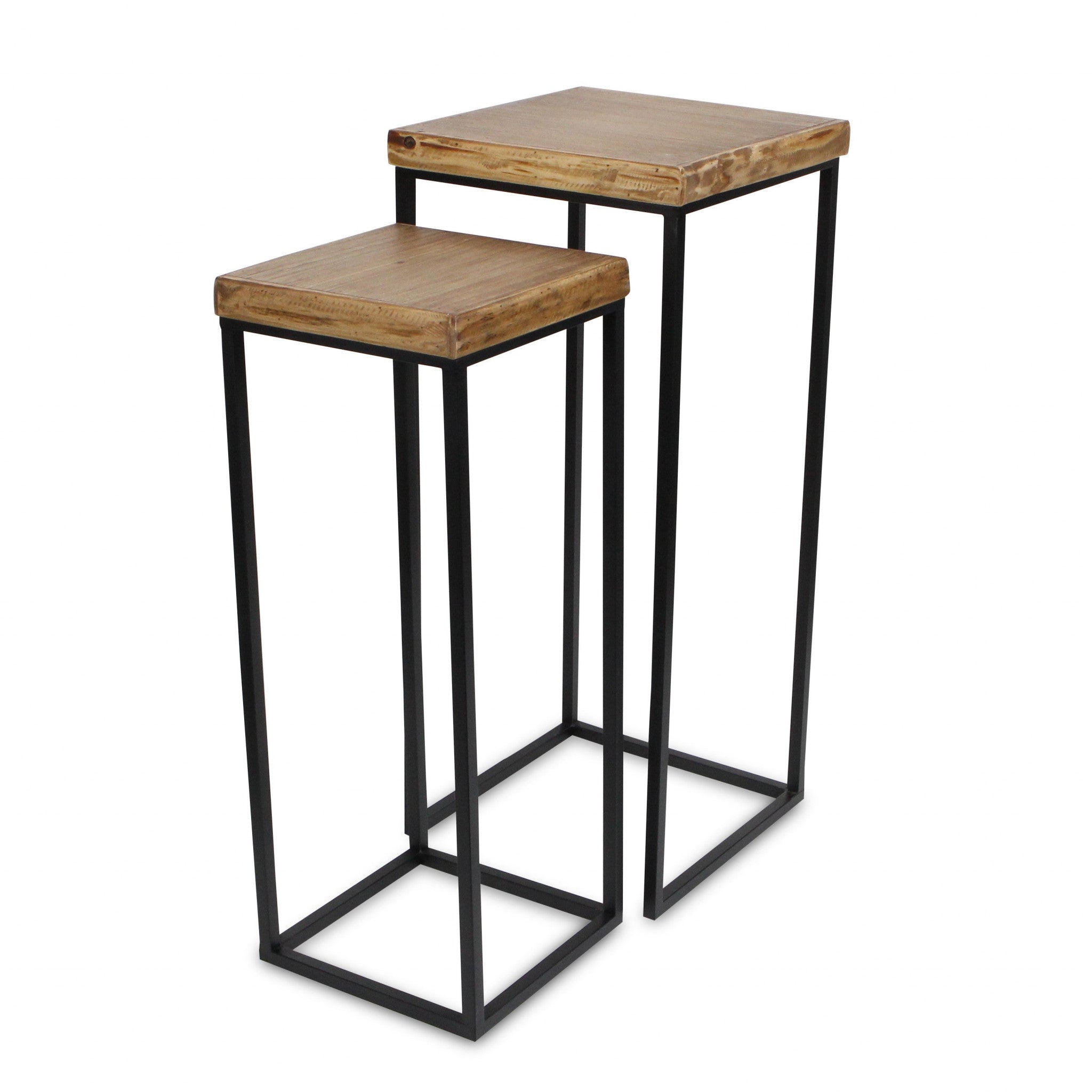 Set Of Two 29" Black And Brown Solid Wood And Steel Square Nested Tables