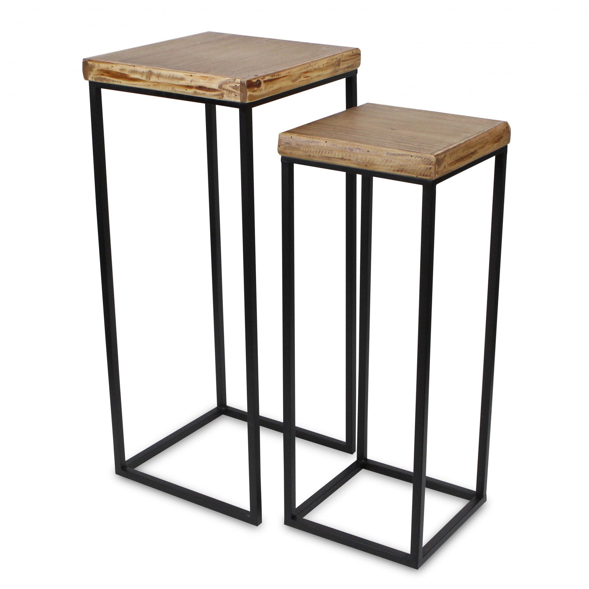 Set Of Two 29" Black And Brown Solid Wood And Steel Square Nested Tables