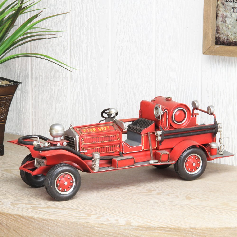 6" Red and Silver Metal Hand Painted 1920's Fire Truck Model Car
