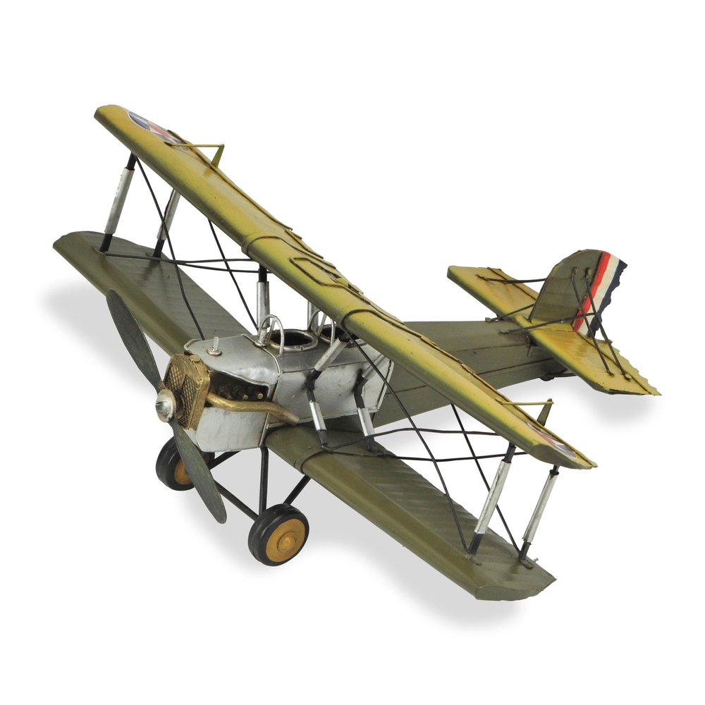 6" Yellow and Green Metal Hand Painted Model Airplane Tabletop Sculpture