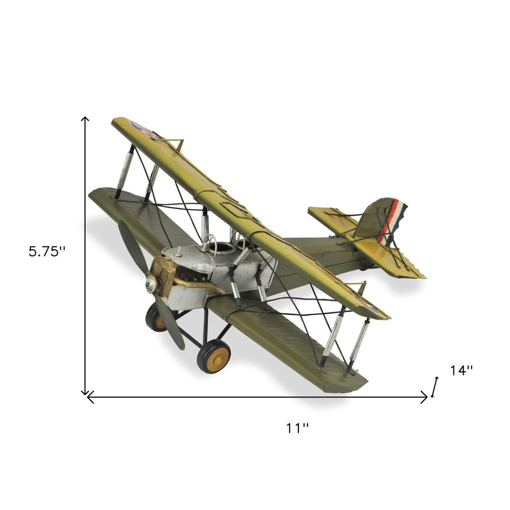 6" Yellow and Green Metal Hand Painted Model Airplane Tabletop Sculpture