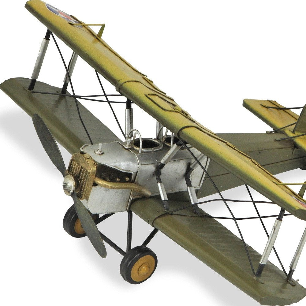 6" Yellow and Green Metal Hand Painted Model Airplane Tabletop Sculpture