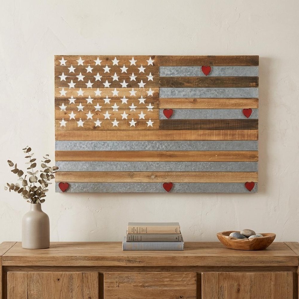24" X 36" Brown and Gray Stars And Stripes Wood and Metal Hanging Dimensional Sculpture