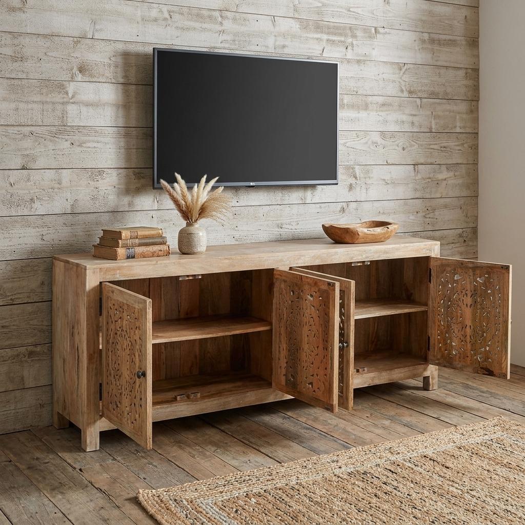 86" Natural Carved Floral Distressed Solid Wood Enclosed Storage TV Stand