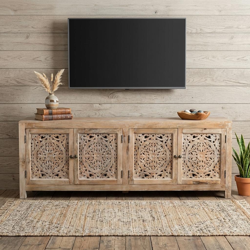 86" Natural Carved Floral Distressed Solid Wood Enclosed Storage TV Stand