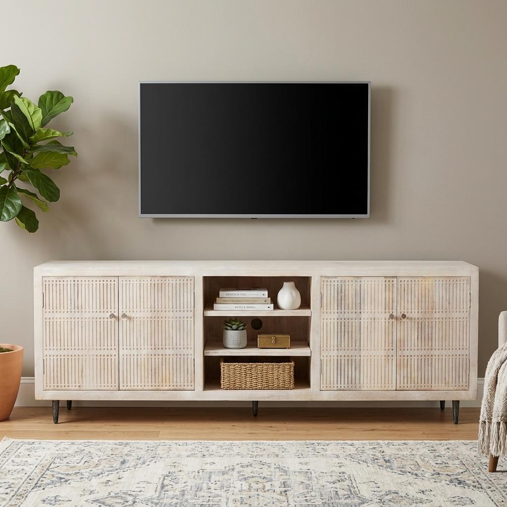 92" Ivory Carved Geometric Distressed Solid Wood Enclosed and Open Storage TV Stand