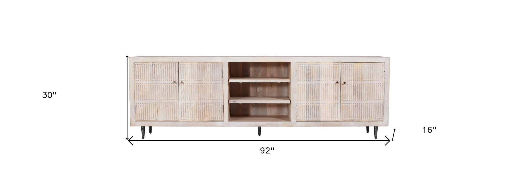 92" Ivory Carved Geometric Distressed Solid Wood Enclosed and Open Storage TV Stand