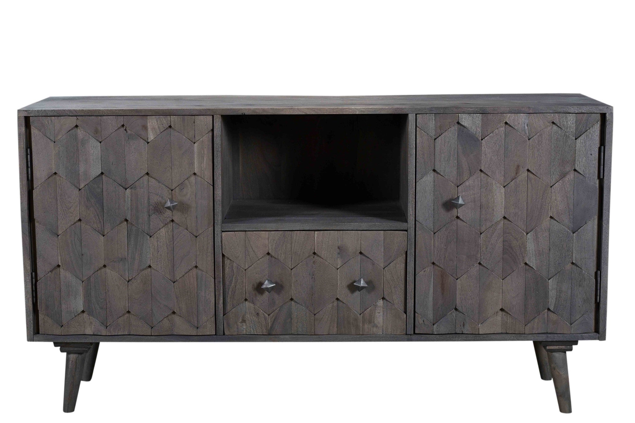 55" Dark Gray Carved Geometric Distressed Solid Wood Enclosed and Open Storage TV Stand