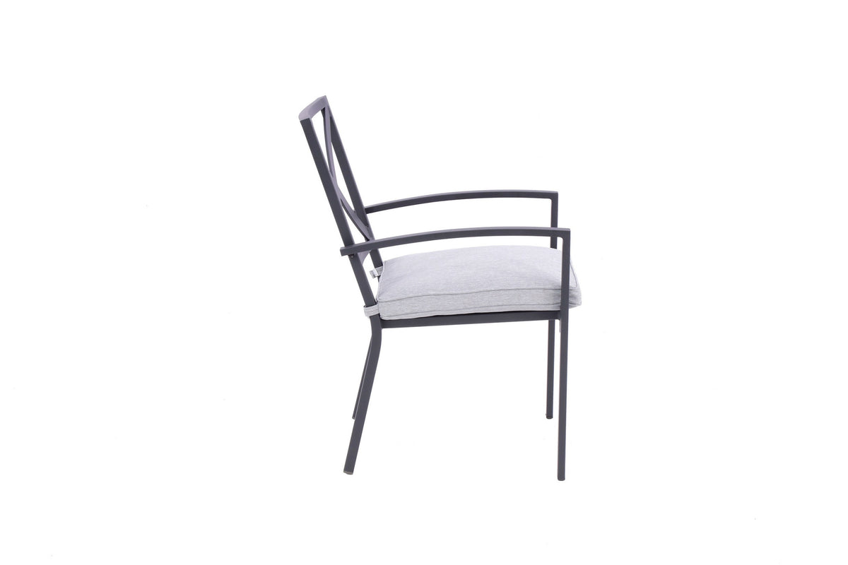 Set of Two Dark Gray Aluminum Outdoor Stacking Dining Chairs with Light Gray Cushion