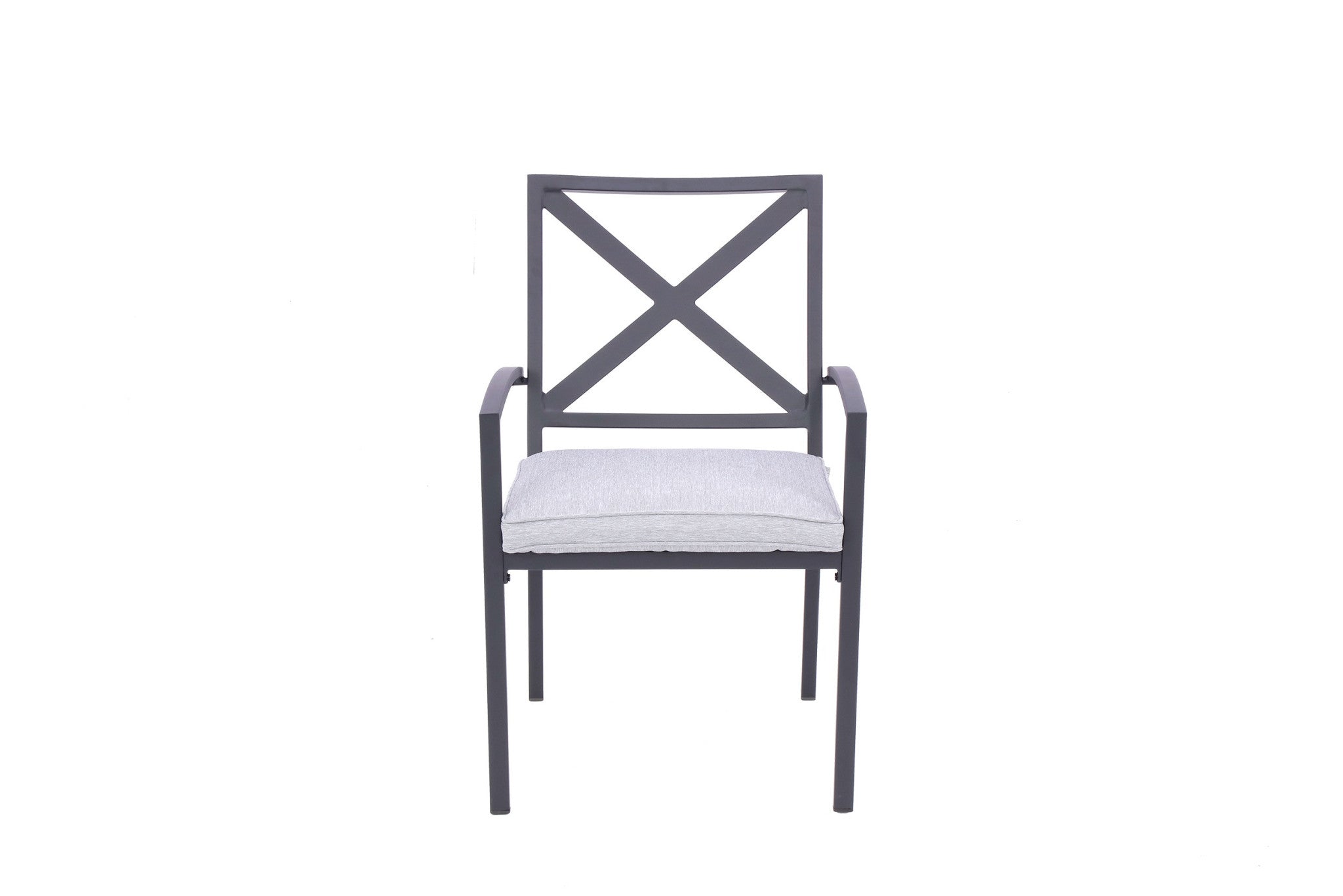 Set of Two Dark Gray Aluminum Outdoor Stacking Dining Chairs with Light Gray Cushion