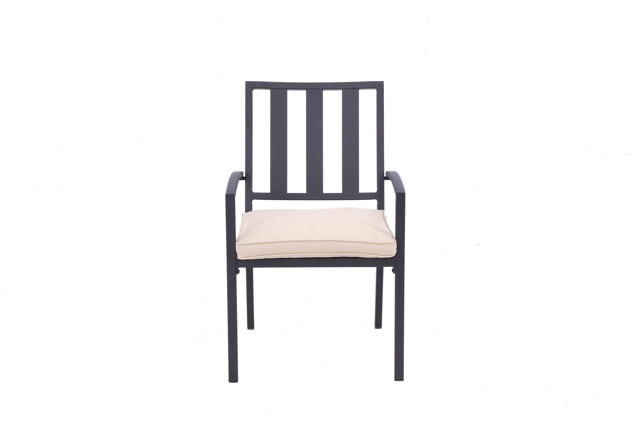 Set of Two Dark Gray Aluminum Outdoor Stacking Dining Chairs with Beige Cushion