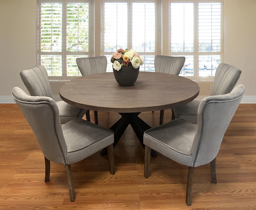 Seven Piece Gray and Black Round Solid Wood Dining Set with Six Chairs