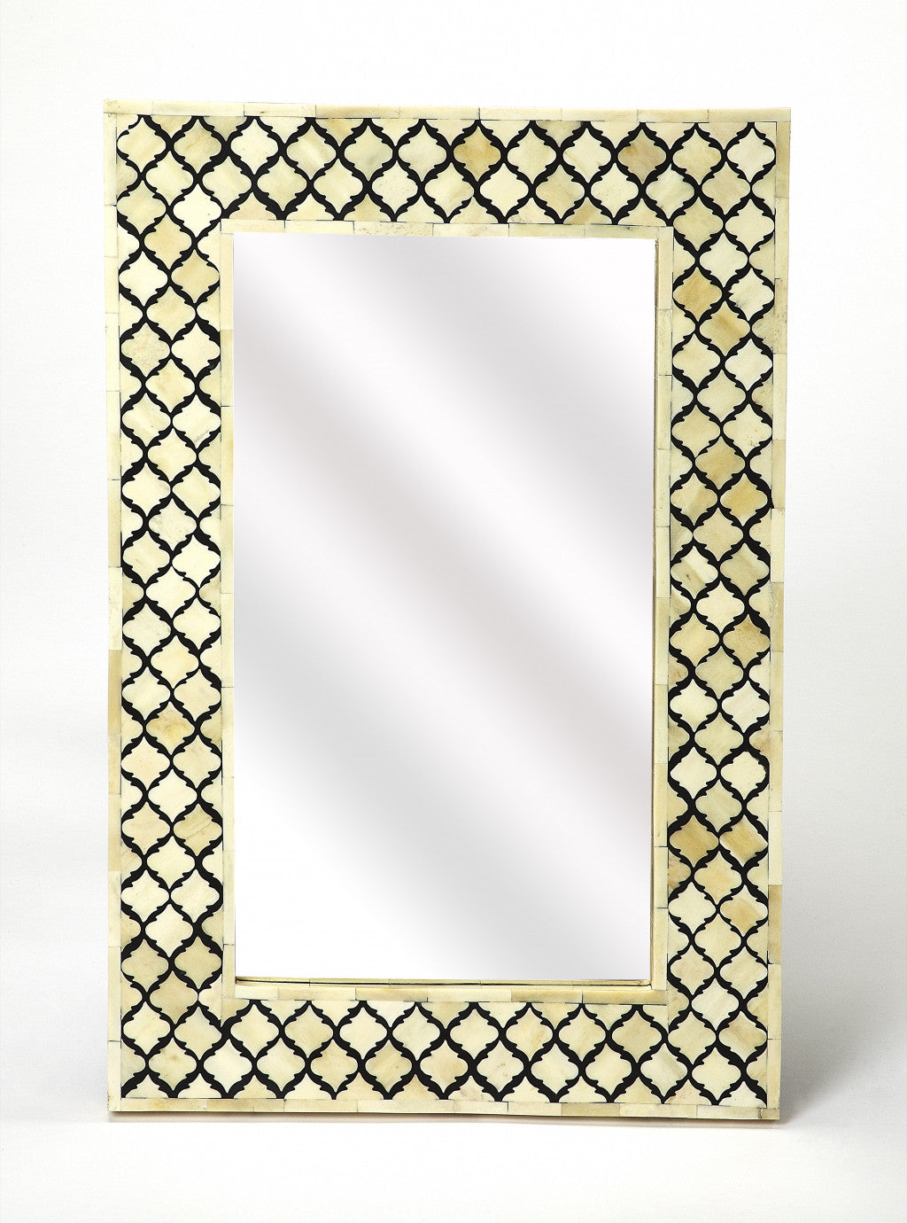 24" Ivory and Black Quatrefoil Bone Inlay Framed Wall Mirror