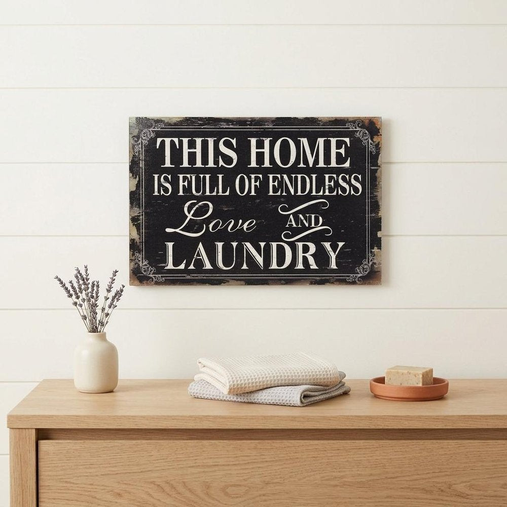 16" X 24" Black and White Endless Love And Laundry Wood Wall Decor