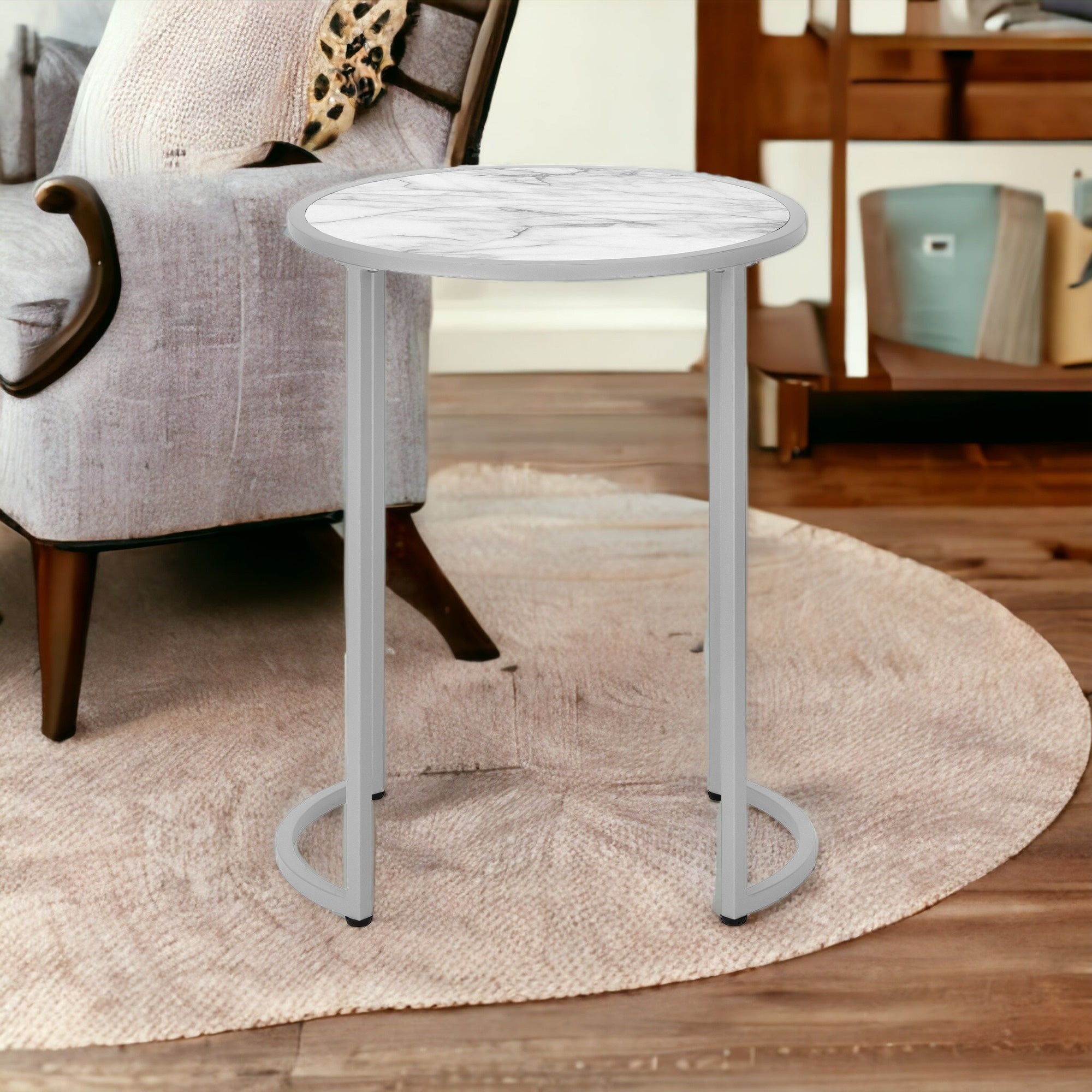 24" Silver And White Faux Marble Round End Table