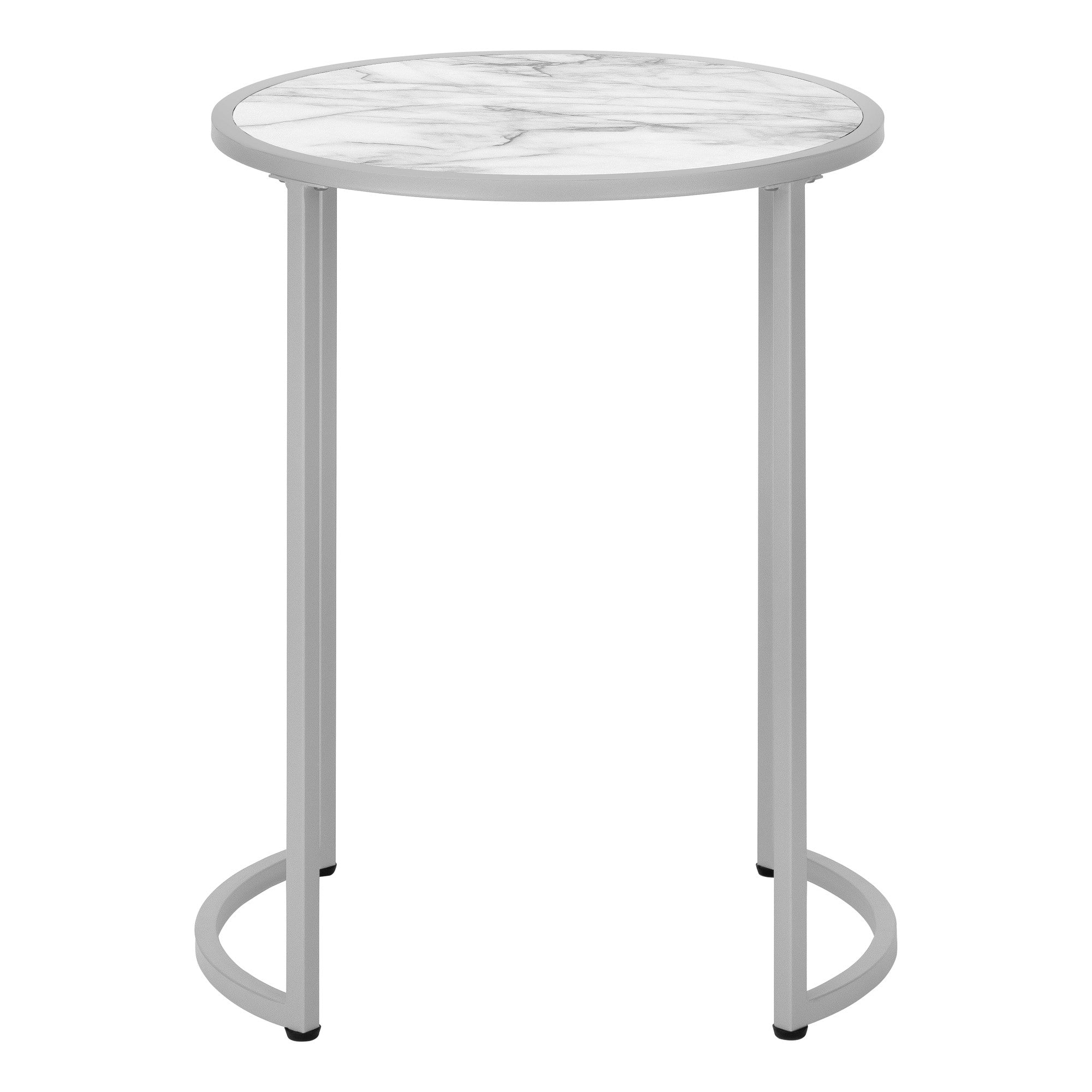 24" Silver And White Faux Marble Round End Table