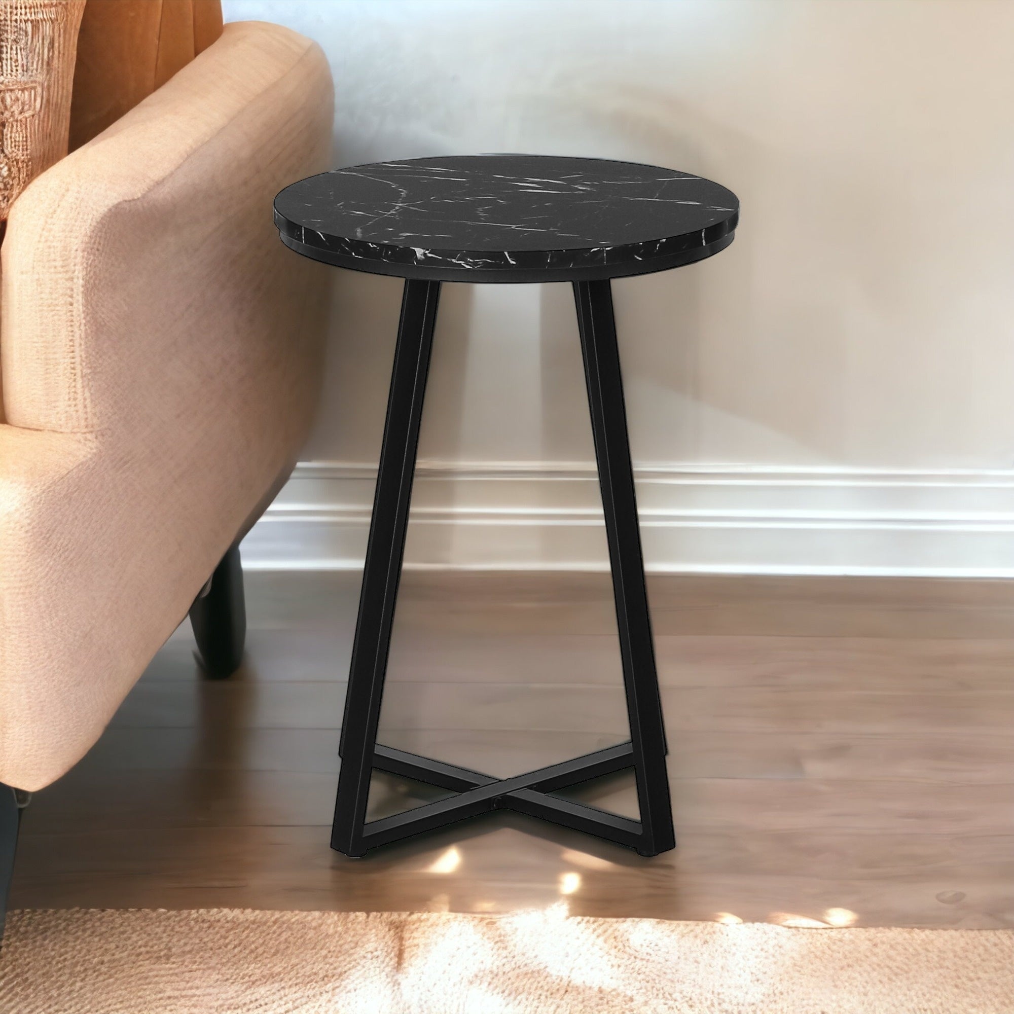 22" Black Faux Marble Round End Table