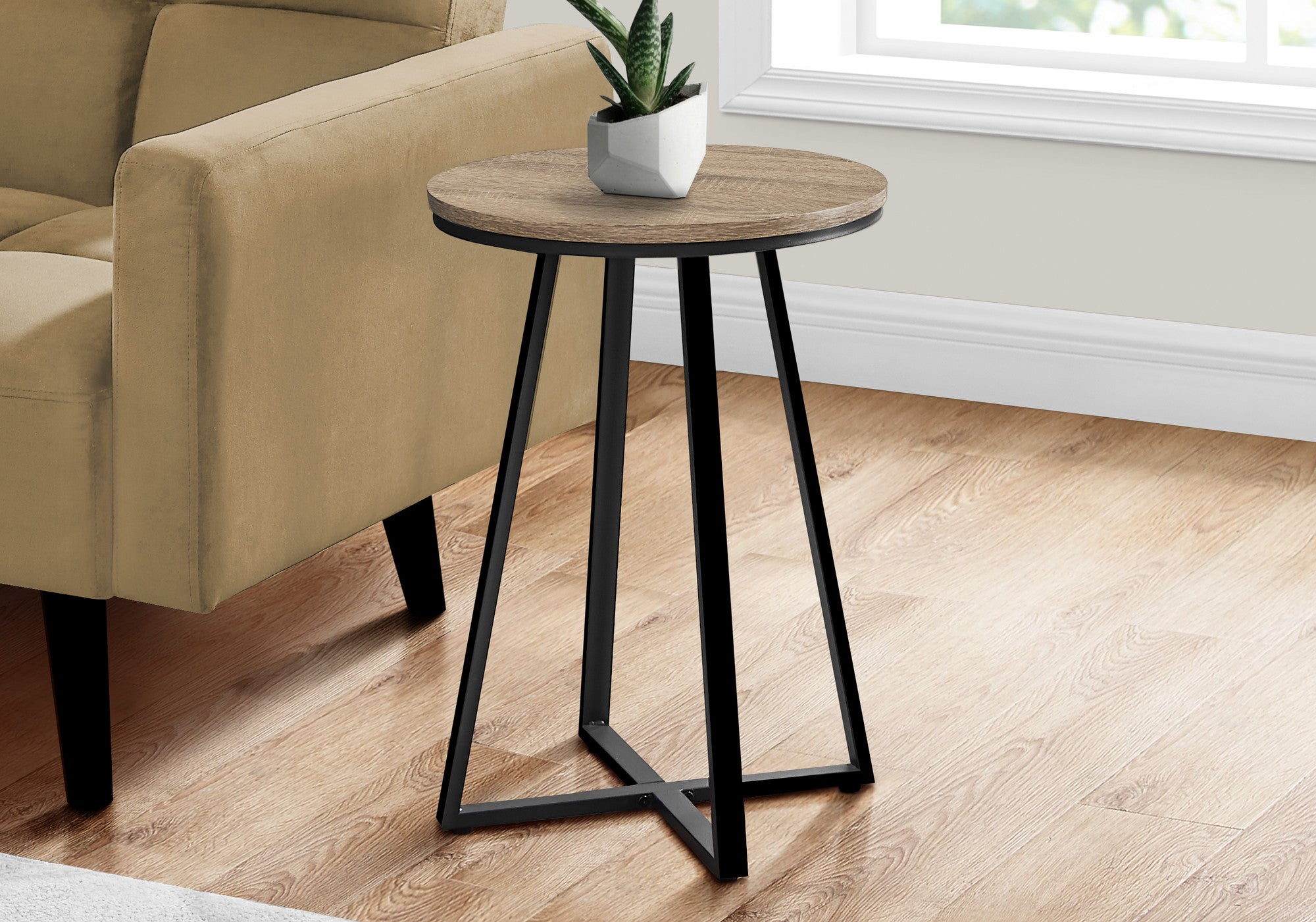 22" Black And Dark Taupe Round End Table
