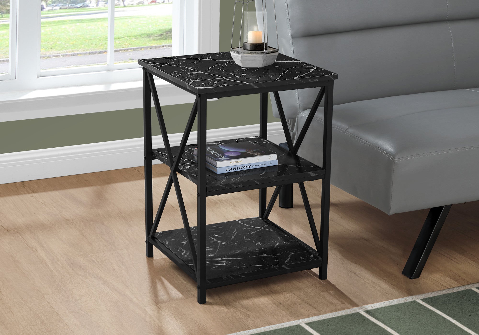 26" Black Faux Marble End Table With Two Shelves