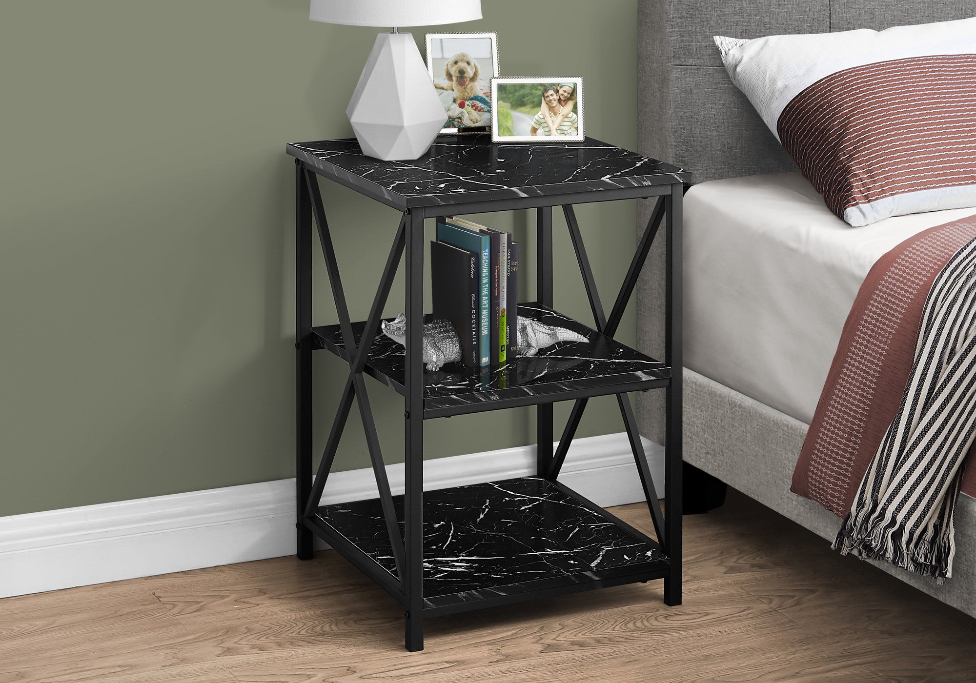 26" Black Faux Marble End Table With Two Shelves
