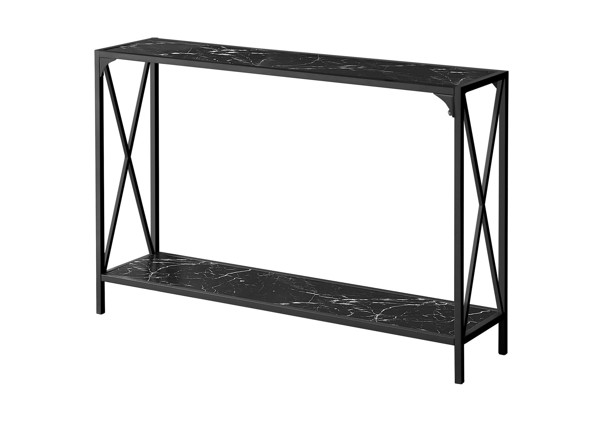 48" Black Wood and Metal Faux Marble Console Table With Shelf