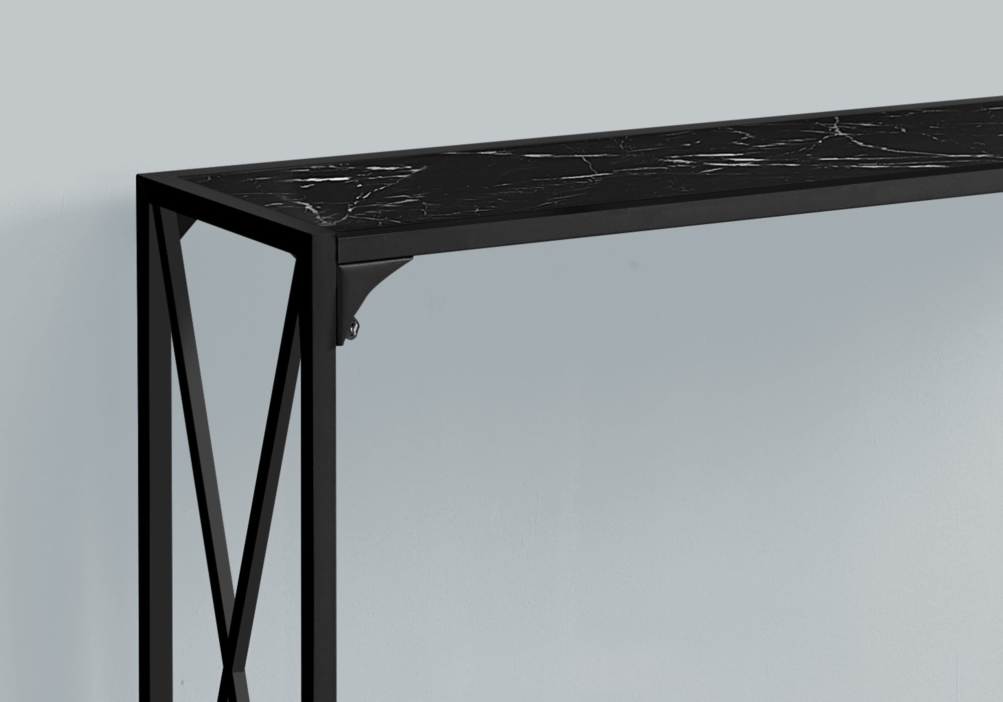 48" Black Wood and Metal Faux Marble Console Table With Shelf
