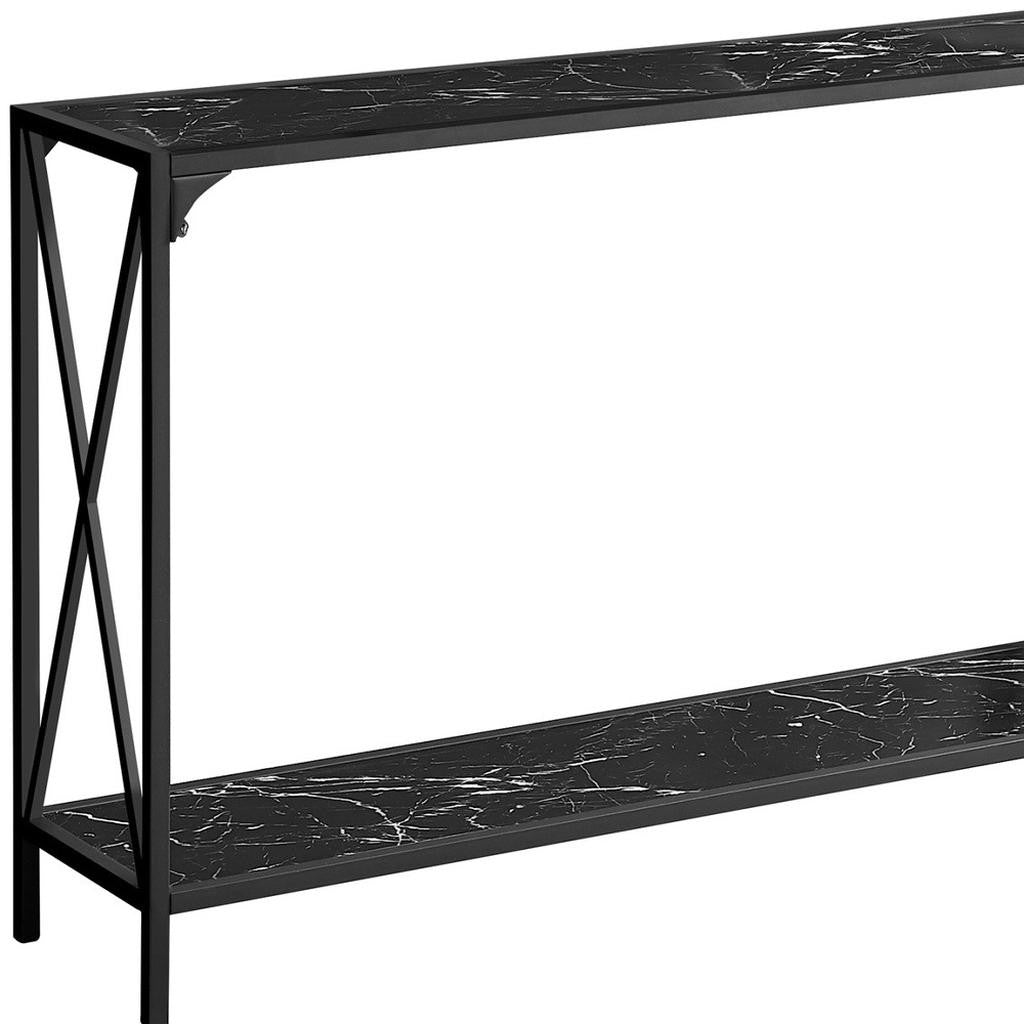 48" Black Wood and Metal Faux Marble Console Table With Shelf