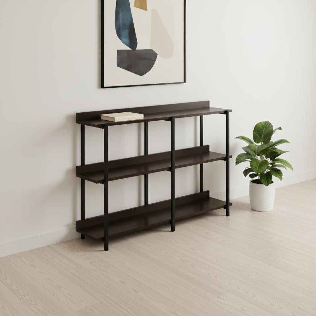 47" Brown and Black Wood and Metal Frame Console Table With Three Shelves